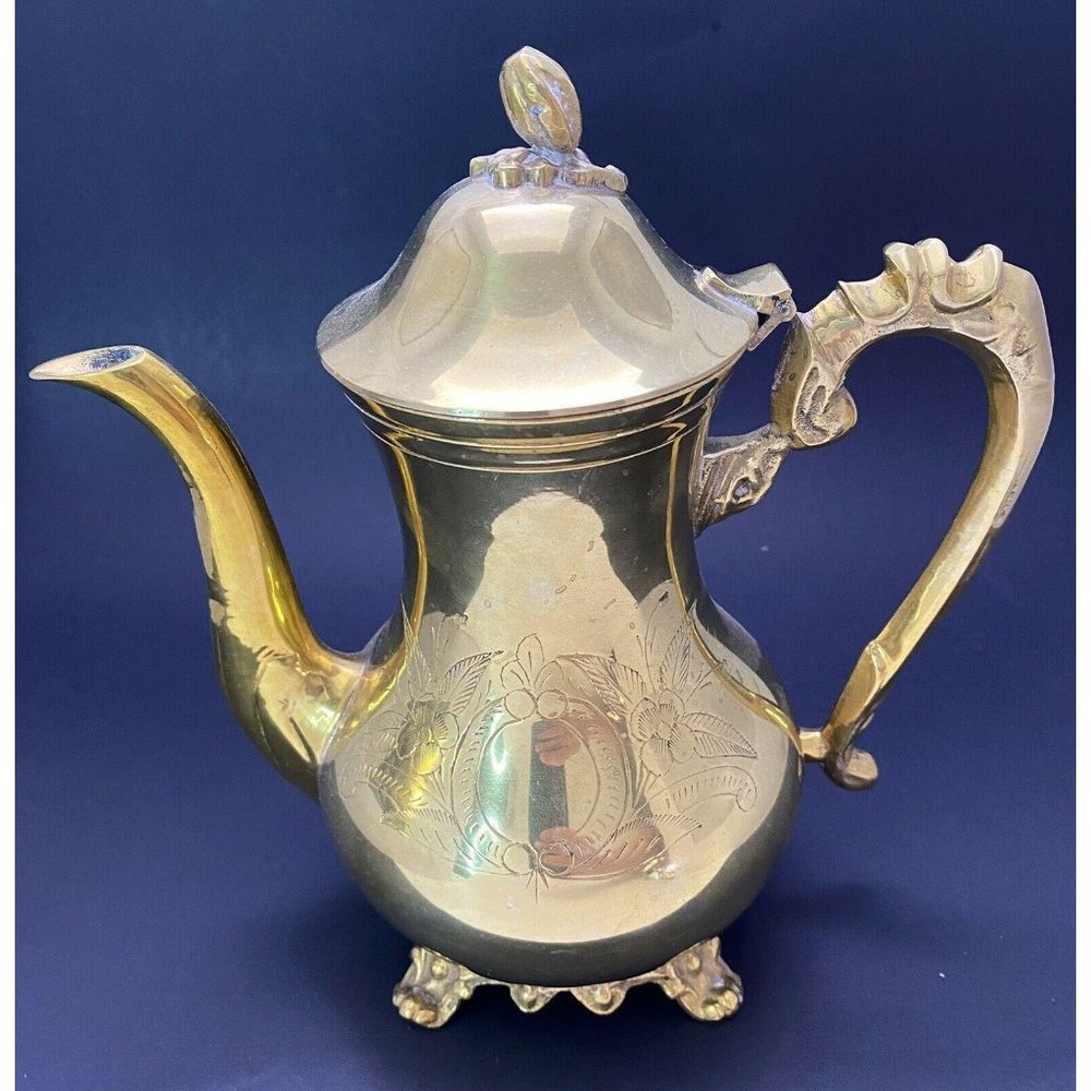 Vintage Brass Teapot, Etched Flower , Footed, 9"